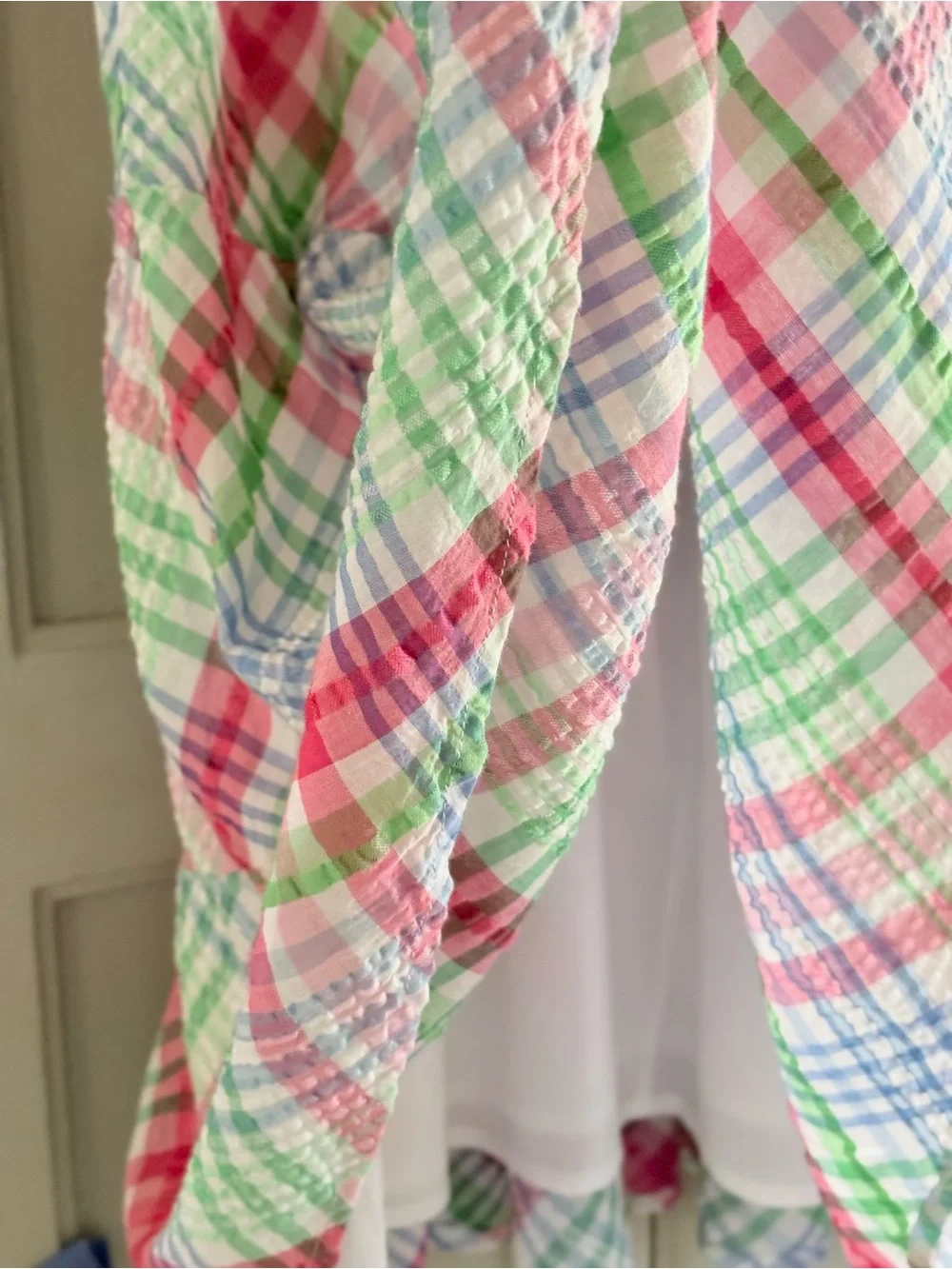 Crown & Ivy Tiered Skirt Seersucker Cotton Split Neck Puff Sleeve Dress | Size L - Picture 6 of 8